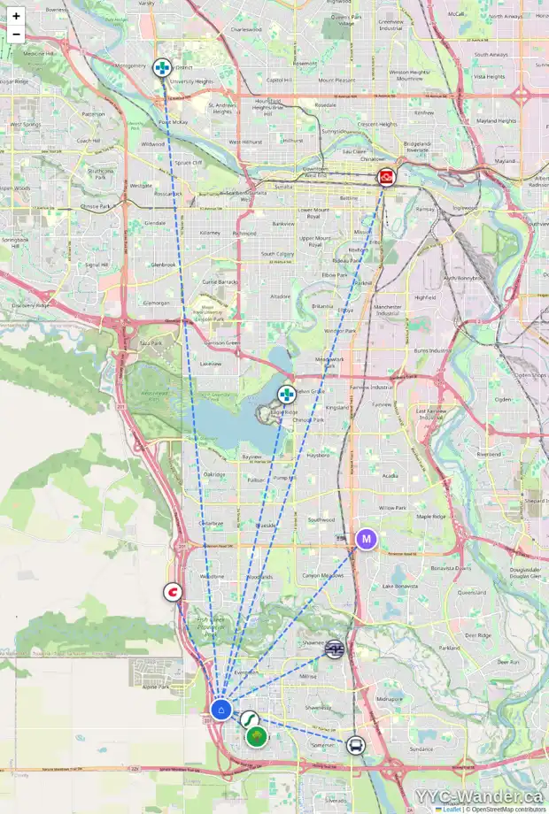 Daily accessibility map for 108 EVERGLEN GV SW, Calgary showing nearby schools, grocery stores, parks, LRT stations and nearby amenities