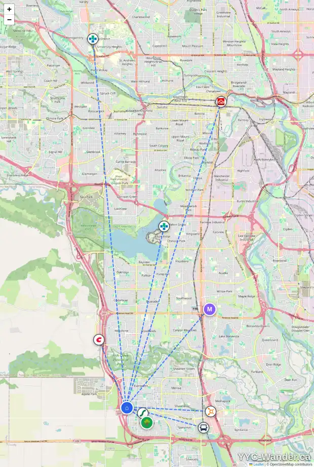 Daily accessibility map for 124 EVERGLEN GV SW, Calgary showing nearby schools, grocery stores, parks, LRT stations and nearby amenities