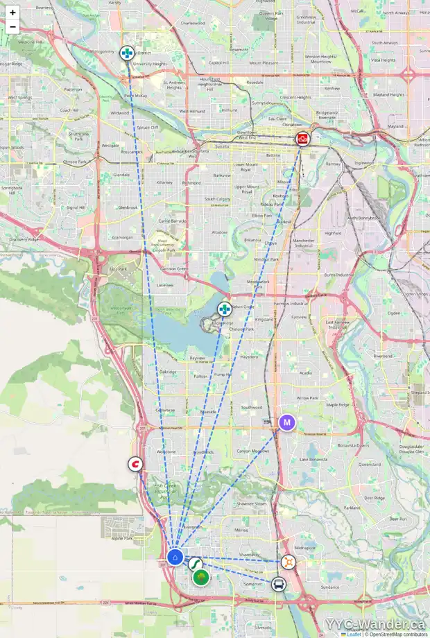 Daily accessibility map for 144 EVERGLEN GV SW, Calgary showing nearby schools, grocery stores, parks, LRT stations and nearby amenities