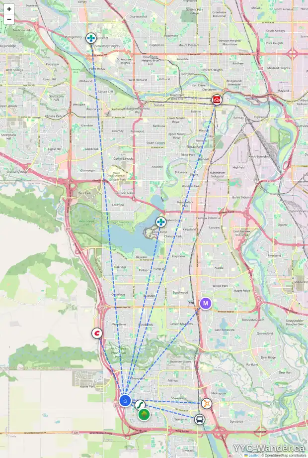 Daily accessibility map for 60 EVERGLEN RI SW, Calgary showing nearby schools, grocery stores, parks, LRT stations and nearby amenities