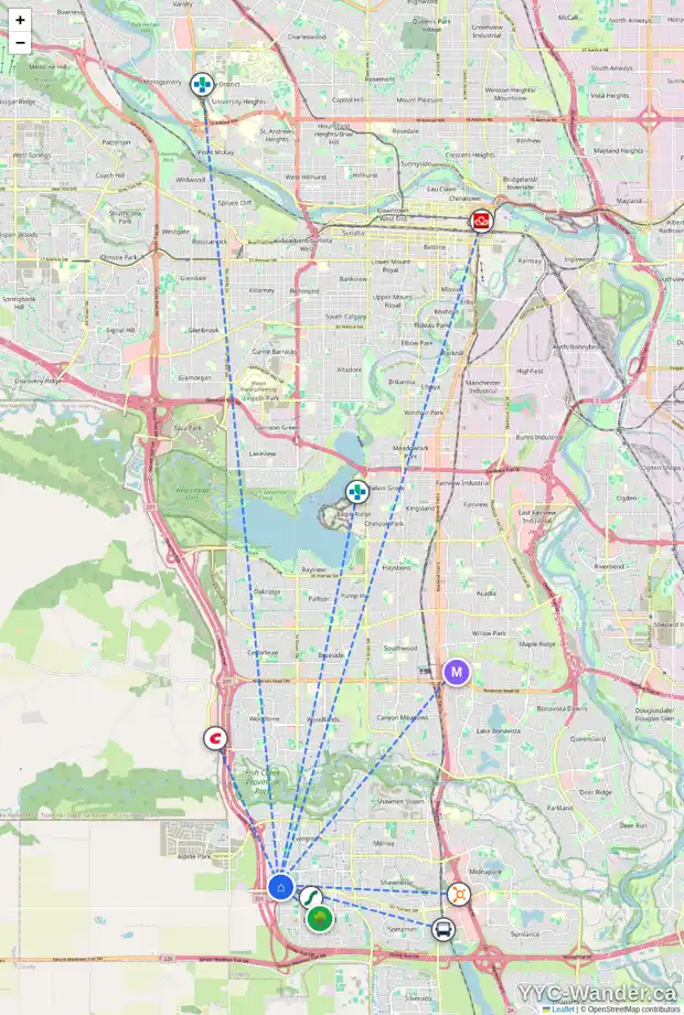 Daily accessibility map for 59 EVERGLEN RI SW, Calgary showing nearby schools, grocery stores, parks, LRT stations and nearby amenities
