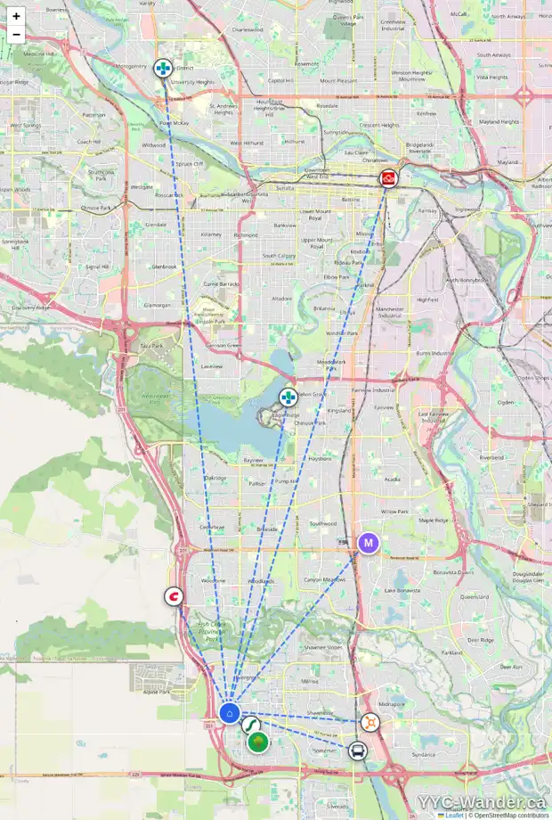Daily accessibility map for 174 EVERGLEN RI SW, Calgary showing nearby schools, grocery stores, parks, LRT stations and nearby amenities