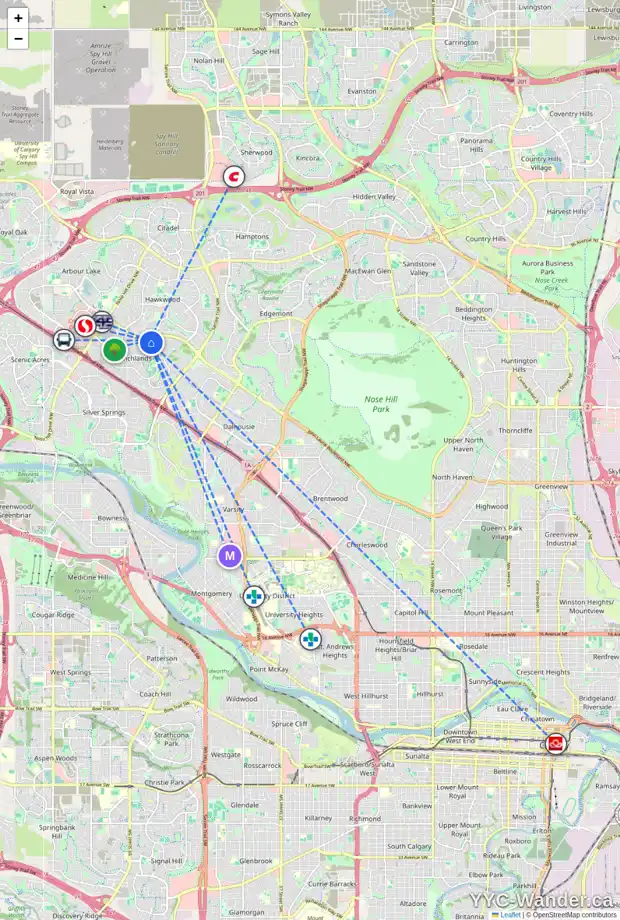 Daily accessibility map for 228 RANCHRIDGE BA NW, Calgary showing nearby schools, grocery stores, parks, LRT stations and nearby amenities