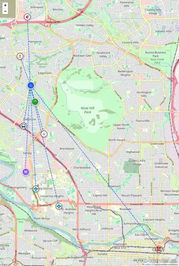 Daily accessibility map for 76 EDGEWOOD DR NW, Calgary showing nearby schools, grocery stores, parks, LRT stations and nearby amenities