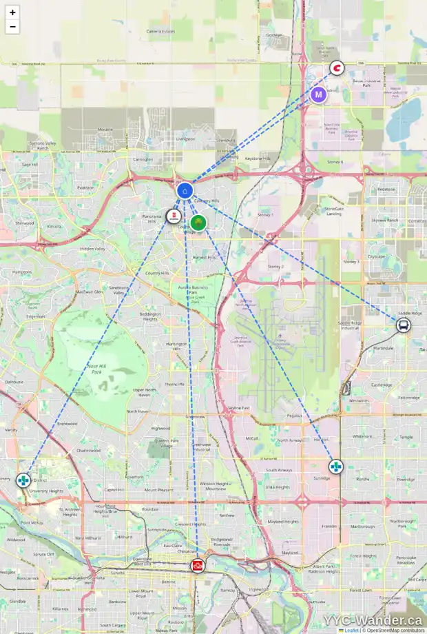 Daily accessibility map for 285 COVEMEADOW RD NE, Calgary showing nearby schools, grocery stores, parks, LRT stations and nearby amenities