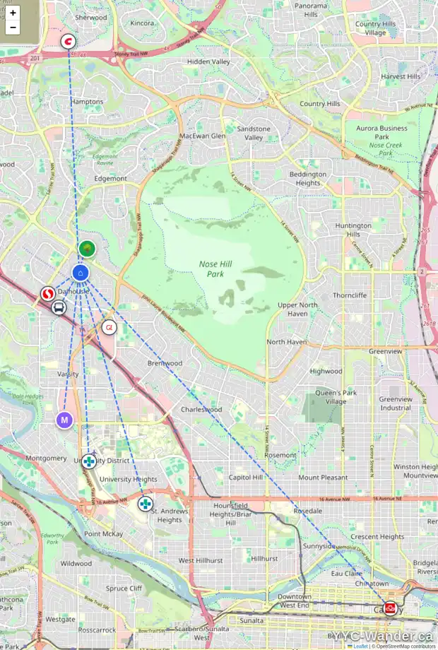 Daily accessibility map for 255 DALHURST WY NW, Calgary showing nearby schools, grocery stores, parks, LRT stations and nearby amenities