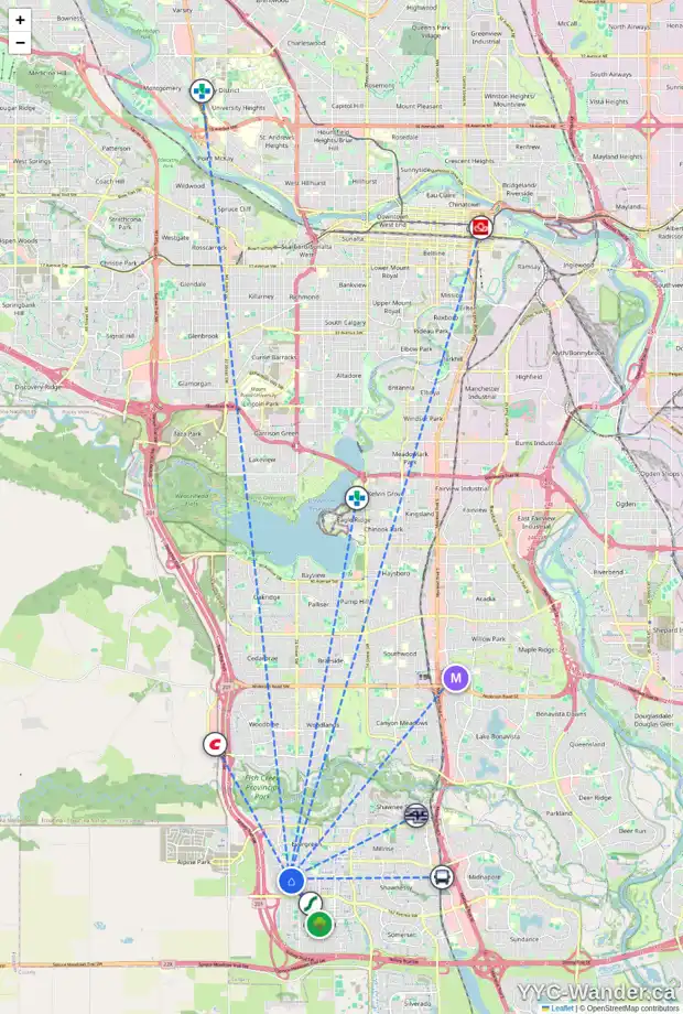 Daily accessibility map for 84 EVERRIDGE VI SW, Calgary showing nearby schools, grocery stores, parks, LRT stations and nearby amenities