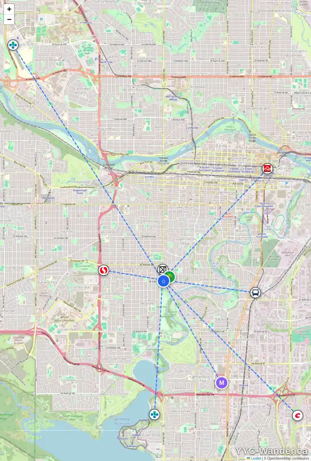 Daily accessibility map for 3817 14 ST SW, Calgary showing nearby schools, grocery stores, parks, LRT stations and nearby amenities