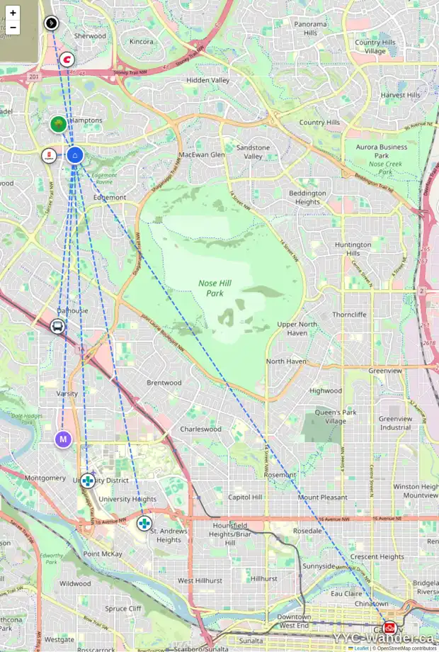 Daily accessibility map for 71 EDGEPARK RD NW, Calgary showing nearby schools, grocery stores, parks, LRT stations and nearby amenities