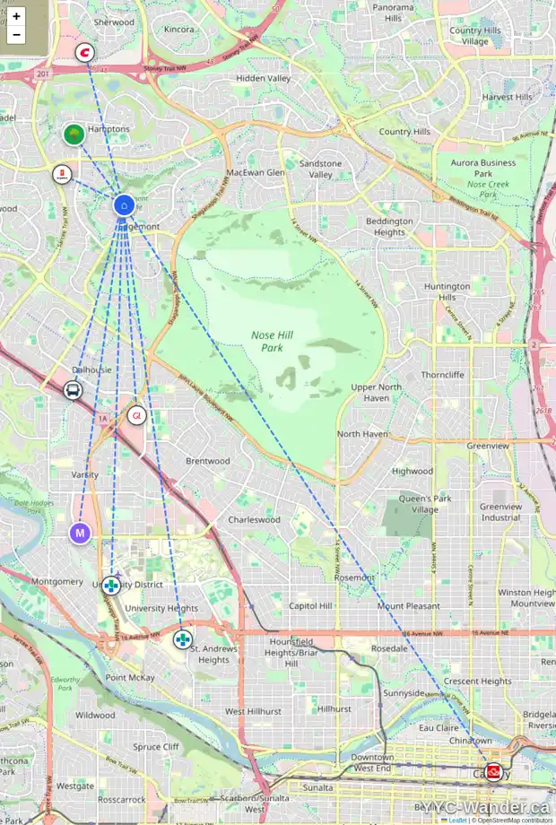 Daily accessibility map for 20 EDGEVALLEY WY NW, Calgary showing nearby schools, grocery stores, parks, LRT stations and nearby amenities