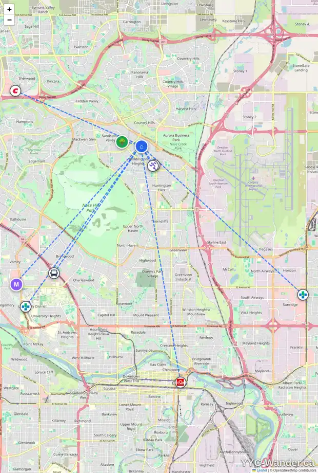 Daily accessibility map for 172 BERNARD DR NW, Calgary showing nearby schools, grocery stores, parks, LRT stations and nearby amenities