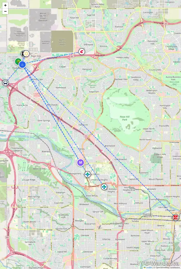 Daily accessibility map for 307 ROYAL BIRCH BA NW, Calgary showing nearby schools, grocery stores, parks, LRT stations and nearby amenities