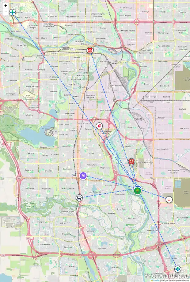 Daily accessibility map for 2577 DOUGLAS WOODS LI SE, Calgary showing nearby schools, grocery stores, parks, LRT stations and nearby amenities