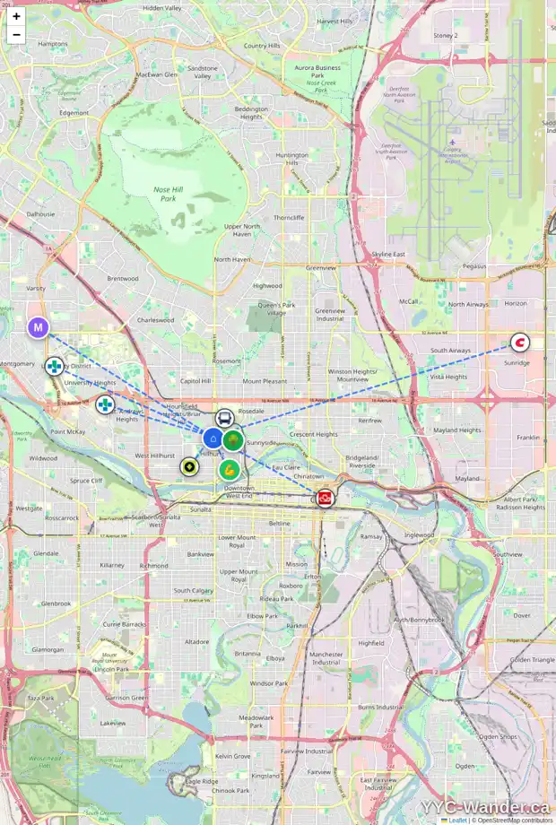 Daily accessibility map for 816 15 ST NW, Calgary showing nearby schools, grocery stores, parks, LRT stations and nearby amenities
