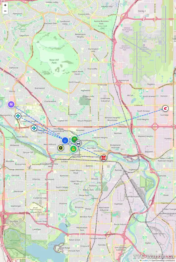 Daily accessibility map for 1722 6 AV NW, Calgary showing nearby schools, grocery stores, parks, LRT stations and nearby amenities