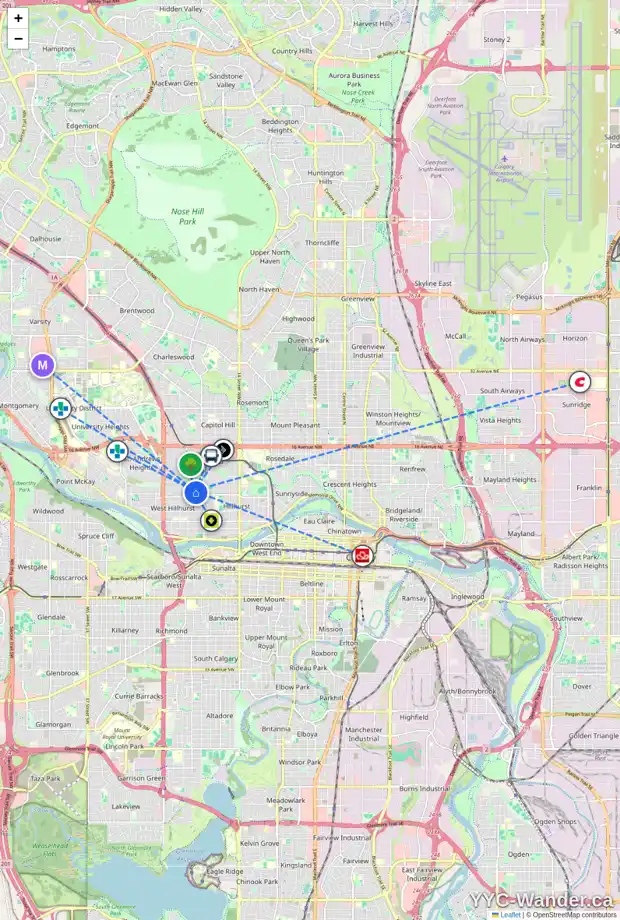 Daily accessibility map for 2108 6 AV NW, Calgary showing nearby schools, grocery stores, parks, LRT stations and nearby amenities