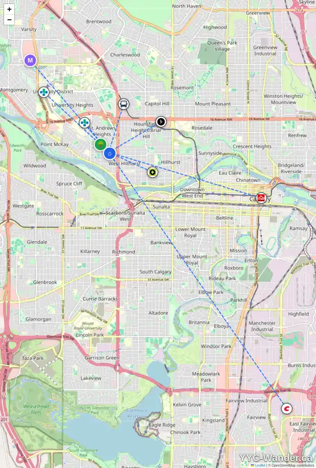Daily accessibility map for 2626 6 AV NW, Calgary showing nearby schools, grocery stores, parks, LRT stations and nearby amenities