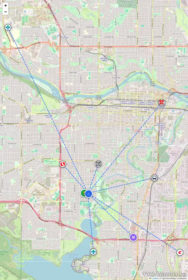 Daily accessibility map for 1712 47 AV SW, Calgary showing nearby schools, grocery stores, parks, LRT stations and nearby amenities