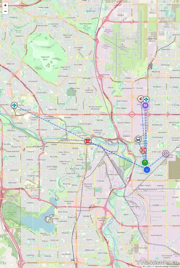 Daily accessibility map for 3440 33A AV SE, Calgary showing nearby schools, grocery stores, parks, LRT stations and nearby amenities