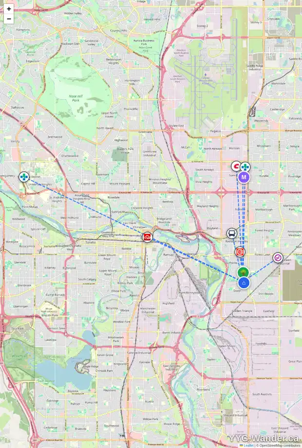 Daily accessibility map for 3303 33 ST SE, Calgary showing nearby schools, grocery stores, parks, LRT stations and nearby amenities