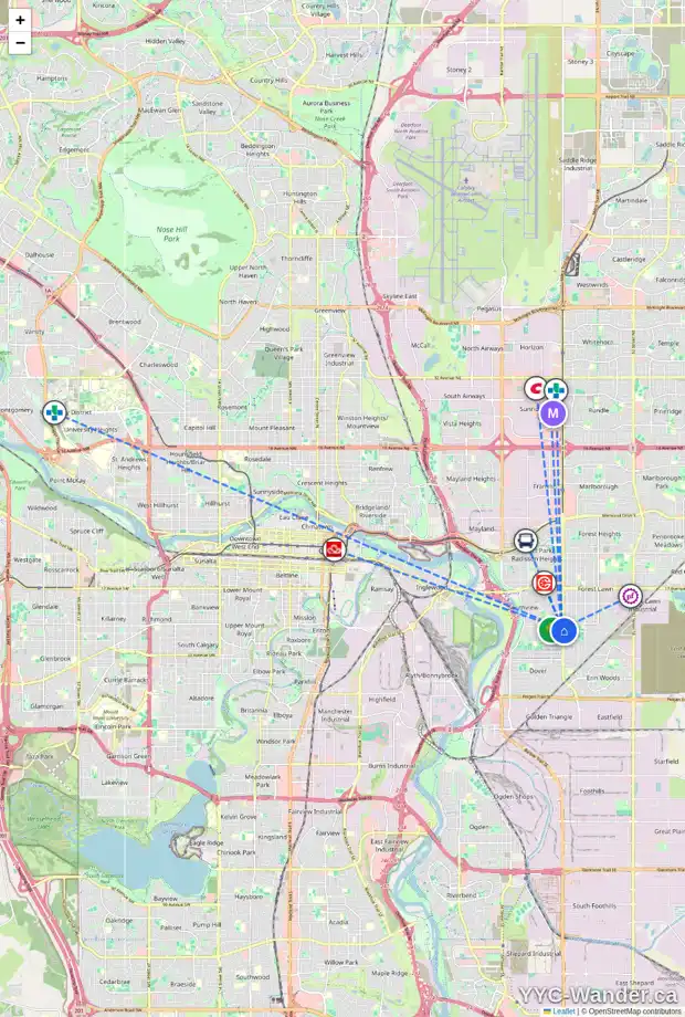 Daily accessibility map for 3655 27 AV SE, Calgary showing nearby schools, grocery stores, parks, LRT stations and nearby amenities