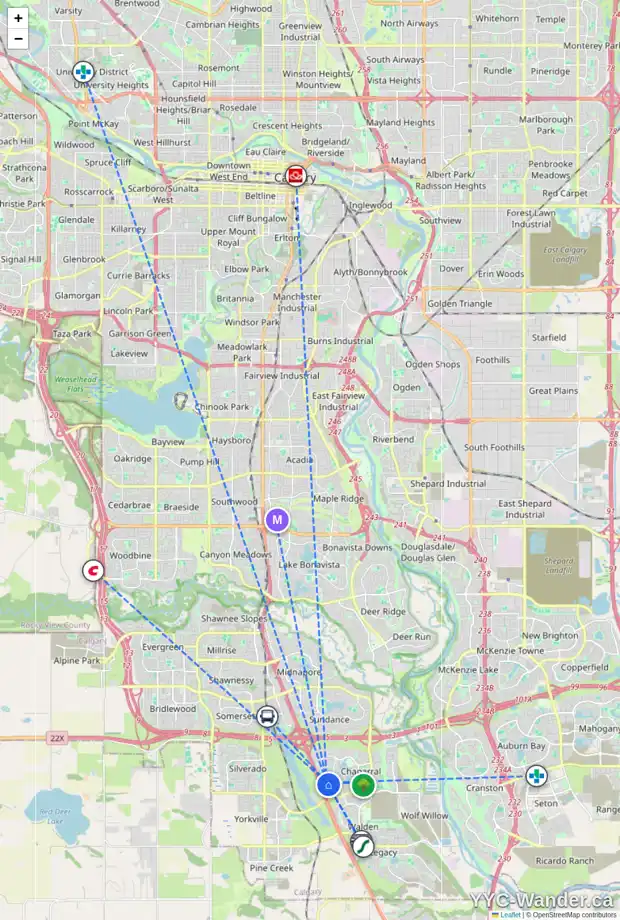 Daily accessibility map for 101 CHAPALINA TC SE, Calgary showing nearby schools, grocery stores, parks, LRT stations and nearby amenities