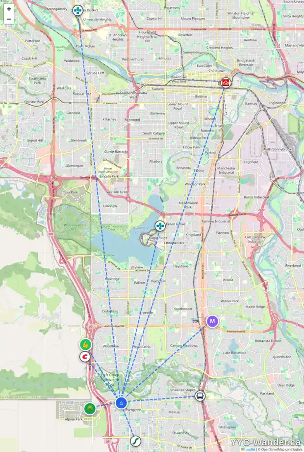 Daily accessibility map for 111 EVERHOLLOW HT SW, Calgary showing nearby schools, grocery stores, parks, LRT stations and nearby amenities
