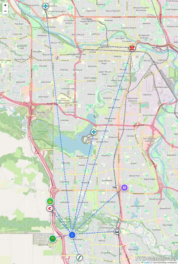 Daily accessibility map for 153 EVERHOLLOW HT SW, Calgary showing nearby schools, grocery stores, parks, LRT stations and nearby amenities