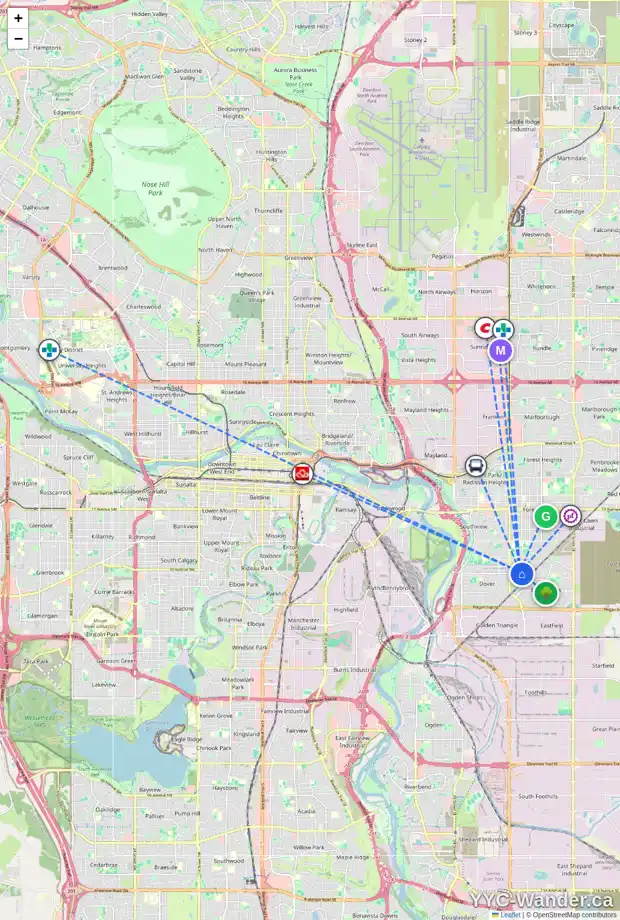Daily accessibility map for 210 DOVERCLIFFE WY SE, Calgary showing nearby schools, grocery stores, parks, LRT stations and nearby amenities