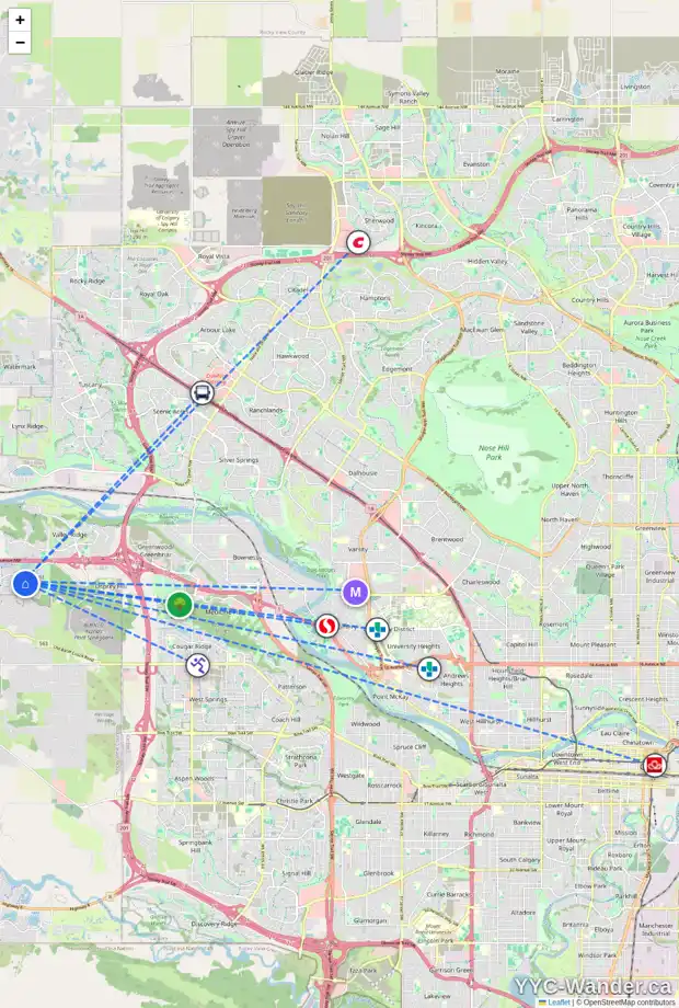 Daily accessibility map for 33 CRESTHAVEN RI SW, Calgary showing nearby schools, grocery stores, parks, LRT stations and nearby amenities