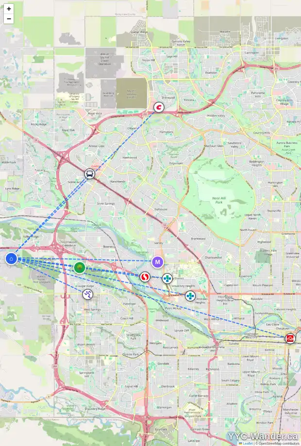 Daily accessibility map for 37 CRESTHAVEN RI SW, Calgary showing nearby schools, grocery stores, parks, LRT stations and nearby amenities