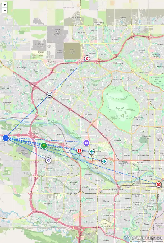 Daily accessibility map for 523 CRESTHAVEN PL SW, Calgary showing nearby schools, grocery stores, parks, LRT stations and nearby amenities