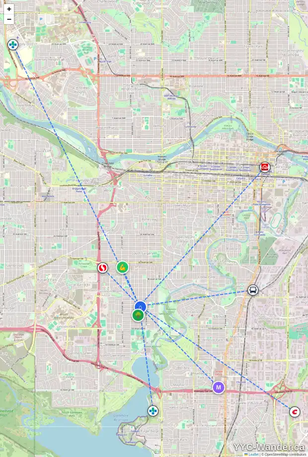 Daily accessibility map for 4508 17 ST SW, Calgary showing nearby schools, grocery stores, parks, LRT stations and nearby amenities