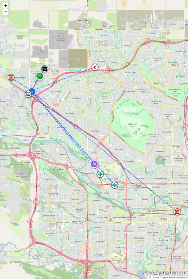 Daily accessibility map for 70 ROYAL MR NW, Calgary showing nearby schools, grocery stores, parks, LRT stations and nearby amenities