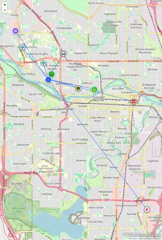 Daily accessibility map for 2905 6 AV NW, Calgary showing nearby schools, grocery stores, parks, LRT stations and nearby amenities