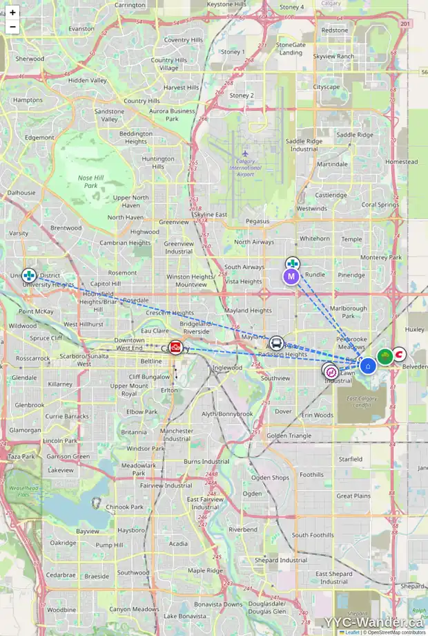 Daily accessibility map for 6724 17 AV SE, Calgary showing nearby schools, grocery stores, parks, LRT stations and nearby amenities