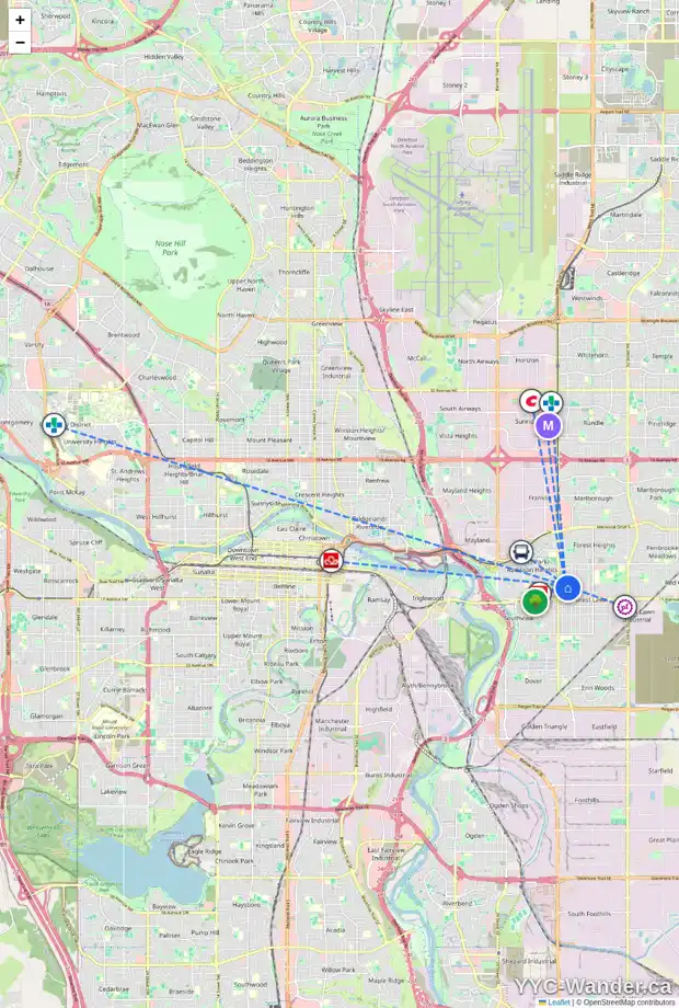 Daily accessibility map for 1505 38 ST SE, Calgary showing nearby schools, grocery stores, parks, LRT stations and nearby amenities