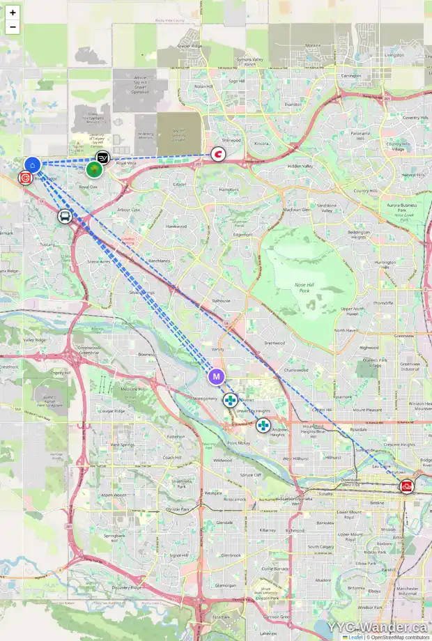 Daily accessibility map for 12 ROCKYSPRING RI NW, Calgary showing nearby schools, grocery stores, parks, LRT stations and nearby amenities