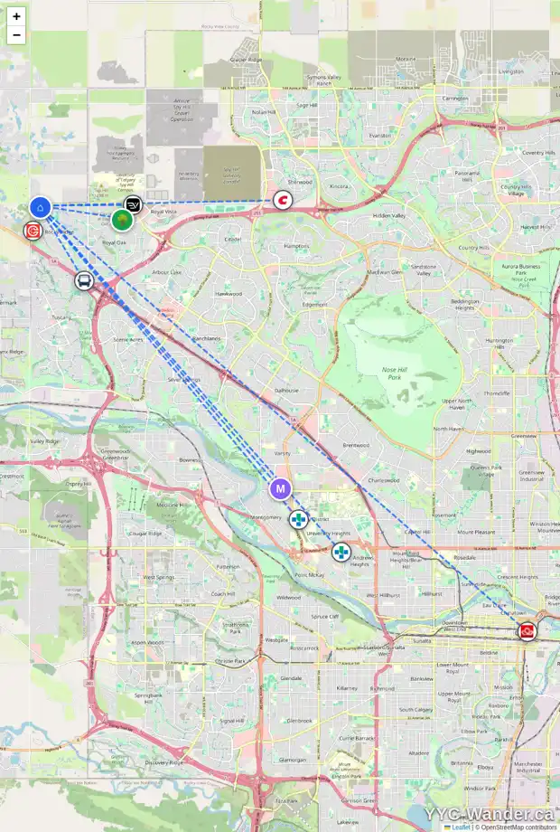 Daily accessibility map for 141 ROCKYSPRING TC NW, Calgary showing nearby schools, grocery stores, parks, LRT stations and nearby amenities