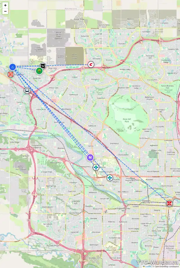 Daily accessibility map for 149 ROCKYSPRING TC NW, Calgary showing nearby schools, grocery stores, parks, LRT stations and nearby amenities