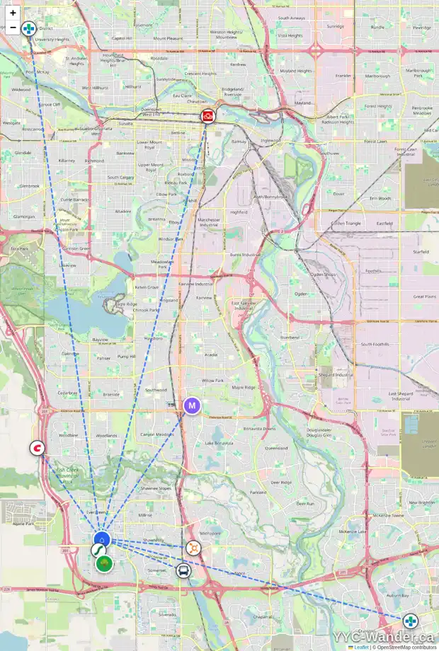 Daily accessibility map for 94 EVERSYDE CM SW, Calgary showing nearby schools, grocery stores, parks, LRT stations and nearby amenities