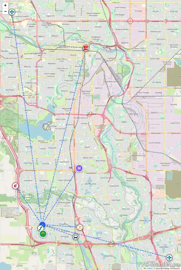 Daily accessibility map for 169 EVERSYDE CM SW, Calgary showing nearby schools, grocery stores, parks, LRT stations and nearby amenities