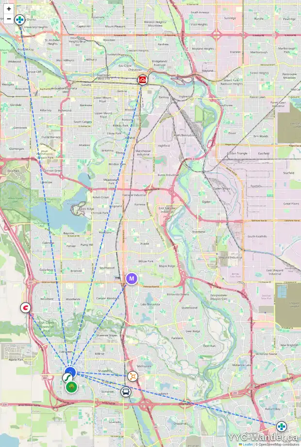 Daily accessibility map for 171 EVERSYDE CM SW, Calgary showing nearby schools, grocery stores, parks, LRT stations and nearby amenities