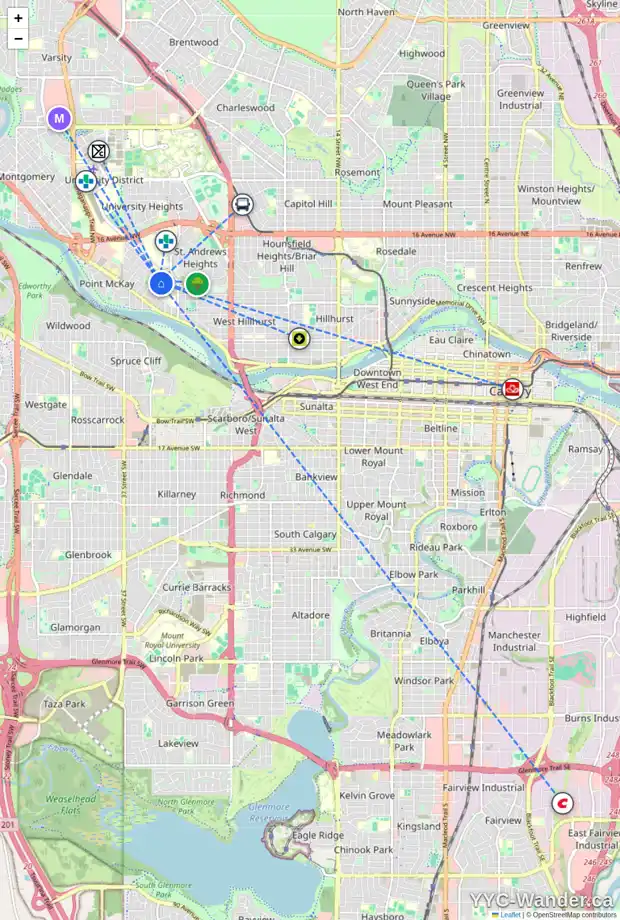 Daily accessibility map for 905 33A ST NW, Calgary showing nearby schools, grocery stores, parks, LRT stations and nearby amenities