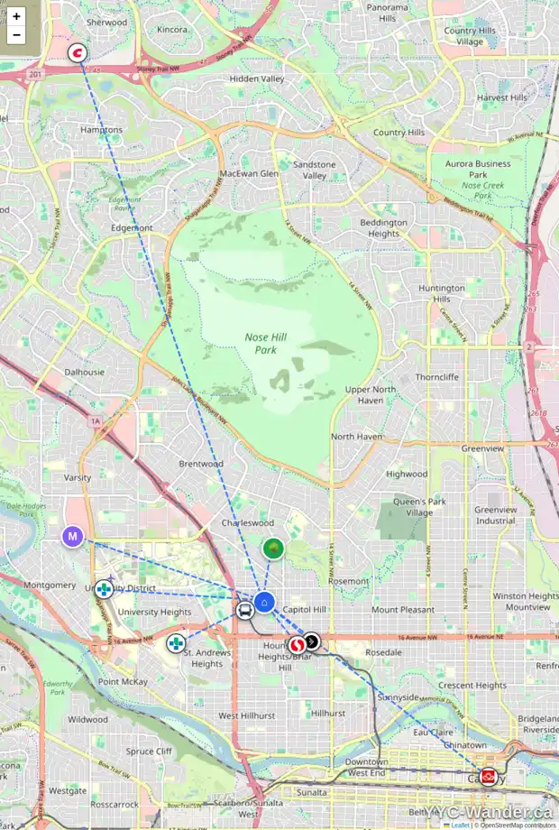 Daily accessibility map for 2360 22 ST NW, Calgary showing nearby schools, grocery stores, parks, LRT stations and nearby amenities