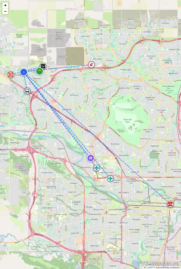 Daily accessibility map for 16 ROCKCLIFF PT NW, Calgary showing nearby schools, grocery stores, parks, LRT stations and nearby amenities