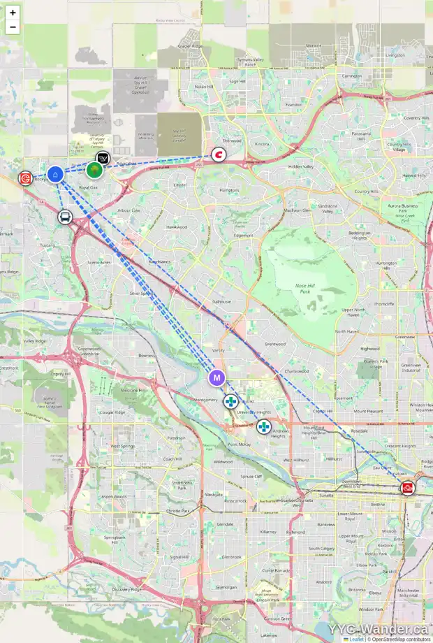 Daily accessibility map for 36 ROCKCLIFF PT NW, Calgary showing nearby schools, grocery stores, parks, LRT stations and nearby amenities