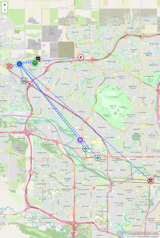 Daily accessibility map for 72 ROCKCLIFF PT NW, Calgary showing nearby schools, grocery stores, parks, LRT stations and nearby amenities