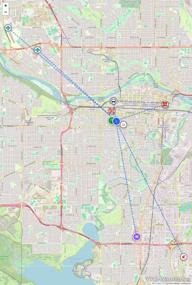 Daily accessibility map for 312 1029 14 AV SW, Calgary showing nearby schools, grocery stores, parks, LRT stations and nearby amenities