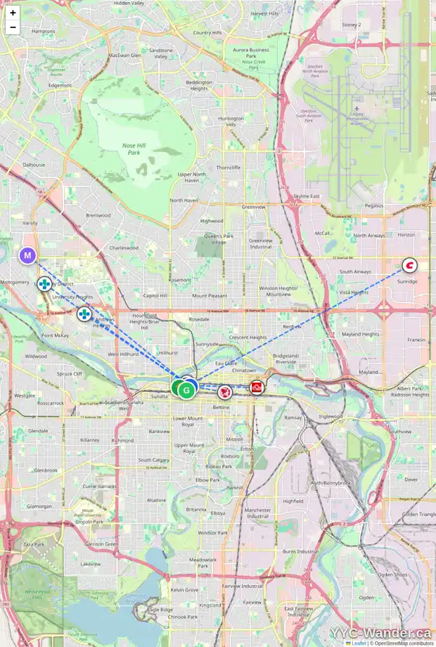 Daily accessibility map for 706 1100 8 AV SW, Calgary showing nearby schools, grocery stores, parks, LRT stations and nearby amenities